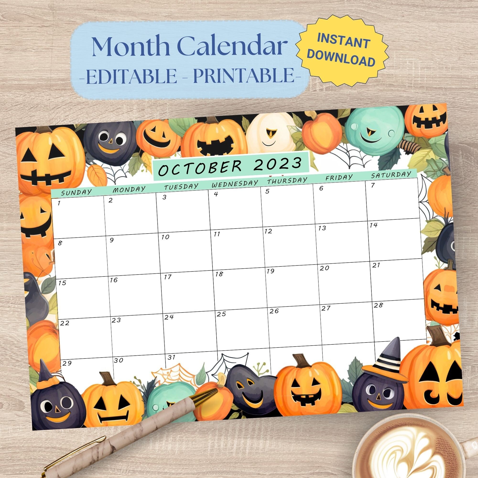 october-2023-calendar-for-kids-editable-fillable-printable-calendar-cute-spooky-green-pumpkin-halloween-kids-planner-instant-download-pdf-etsy