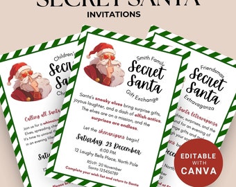 Pode incluir: Quatro cartões de convite imprimíveis para Secret Santa com um fundo listrado verde e vermelho. Cada cartão apresenta uma imagem de desenho animado do Papai Noel usando óculos de sol e um terno vermelho. O texto nos cartões diz "Secret Santa Troca de Presentes" e inclui detalhes sobre o evento, como a data, a hora e o local.
