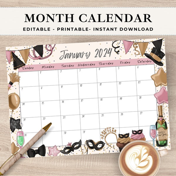 January 2024 Calendar FILLABLE PDF, EDITABLE Calendar Template, New Years Day Celebration Kids Planner Printable, Digital Download (C234)