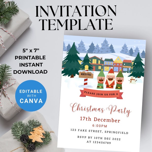 Funny Elf Christmas Invitations, Cute Santa Claus Christmas Party, Colorful Children Xmas Invite Digital, Printable Template Canva (SE03)