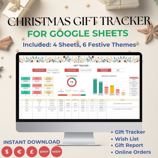 Christmas Gifts Tracker Template Google Sheet, Christmas List Template Google Sheets, Xmas Planner Spreadsheet, Christmas Wish List, Festive