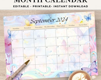 Calendrier de septembre 2024 Téléchargement numérique PDF, Modèle de calendrier de septembre modifiable à remplir, Imprimable Beautiful Butterfly Kids Planner C235