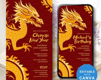 Digital Chinese New Year Invitation, Lunar New Year Invitation Evite, INSTANT DOWNLOAD, Editable Canva Template, - Lucky Gold Dragon (CNY2)