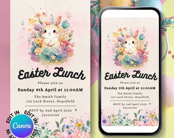 Digital inbjudan till påskäggjakt, påsklunchinbjudan, påskbrunchinbjudningsmall, Canva-påskinbjudan, söt kaninäng EA02