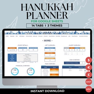 Agenda numérique de Hanoucca, modèle Google Sheets, suivi des cadeaux de Hanoucca, feuille de calcul de planificateur de repas des fêtes, liste d'organisateurs d'événements avec budget