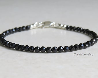 Dainty Black Tourmaline Bracelet for Women | Sterling Silver or Solid Gold Lobster Clasp | Protection, Anxiety Calming, Grounding