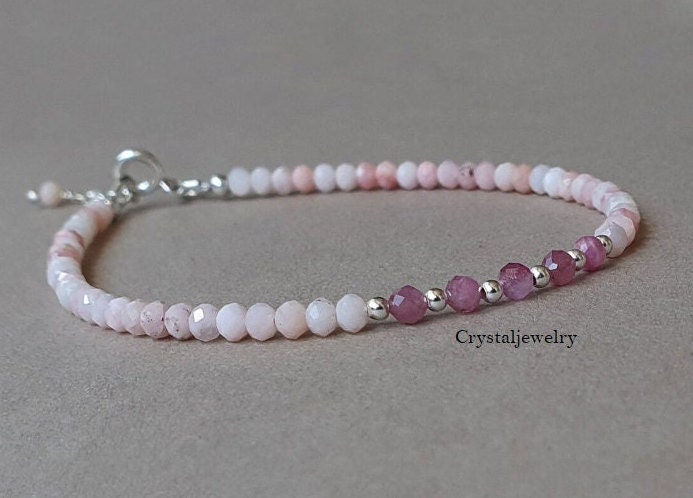 Pink Opal and Tourmaline Bracelet Peruvian Opal Jewelry October