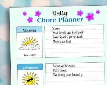May include: A printable daily chore planner with a blue background and pink stars. The planner is divided into three sections: morning, afternoon, and evening. Each section has a cartoon sun and a list of chores.