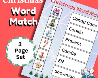Christmas Word Match Worksheet: Kids Activity, ABC Game (PDF)