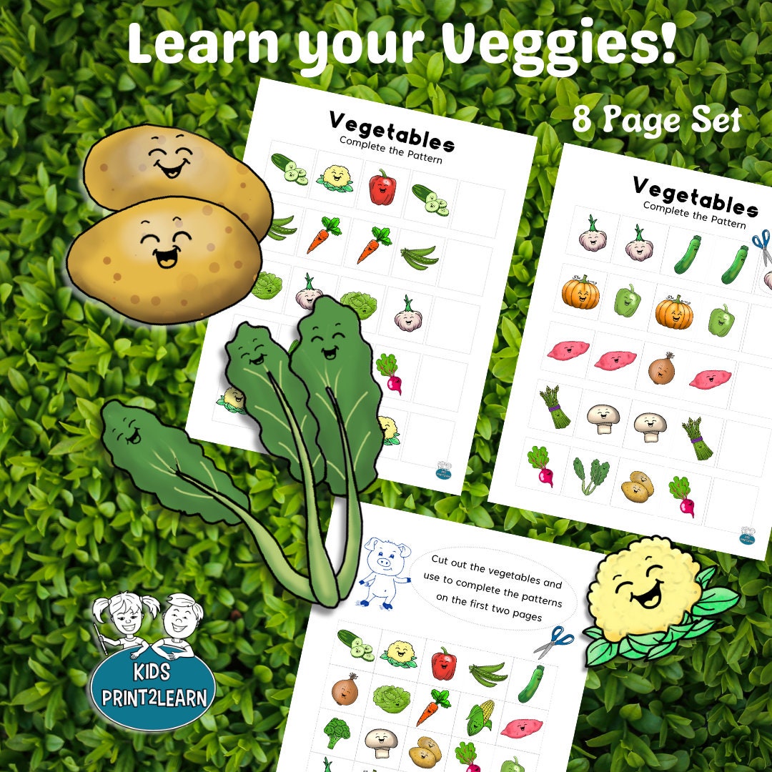 Learn Veggies and Complete Patterns! ~ 1,2,3 Worksheets Match Vegetable ...