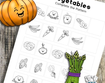 Vegetable Pattern Worksheet: PreK Writing & Coloring (Digital Download)