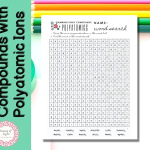 WORD SEARCH: Naming IONIC Compounds w/polyatomic ions/Practice/Review nomenclature/kids science word search/naming ionic compounds/chemistry