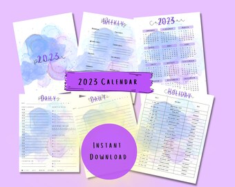Pode incluir: Um conjunto de calendários imprimíveis de 2023 com fundos de aquarela em tons de azul e roxo. O conjunto inclui um calendário anual, um planejador semanal, um planejador diário e uma lista de feriados.
