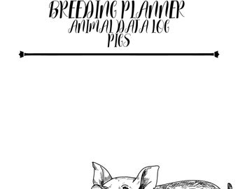 Può includere: Disegno in bianco e nero di un maiale. Il disegno è su sfondo bianco. Il testo "Breeding Planner Animal Data Log Pigs" è in cima alla pagina.