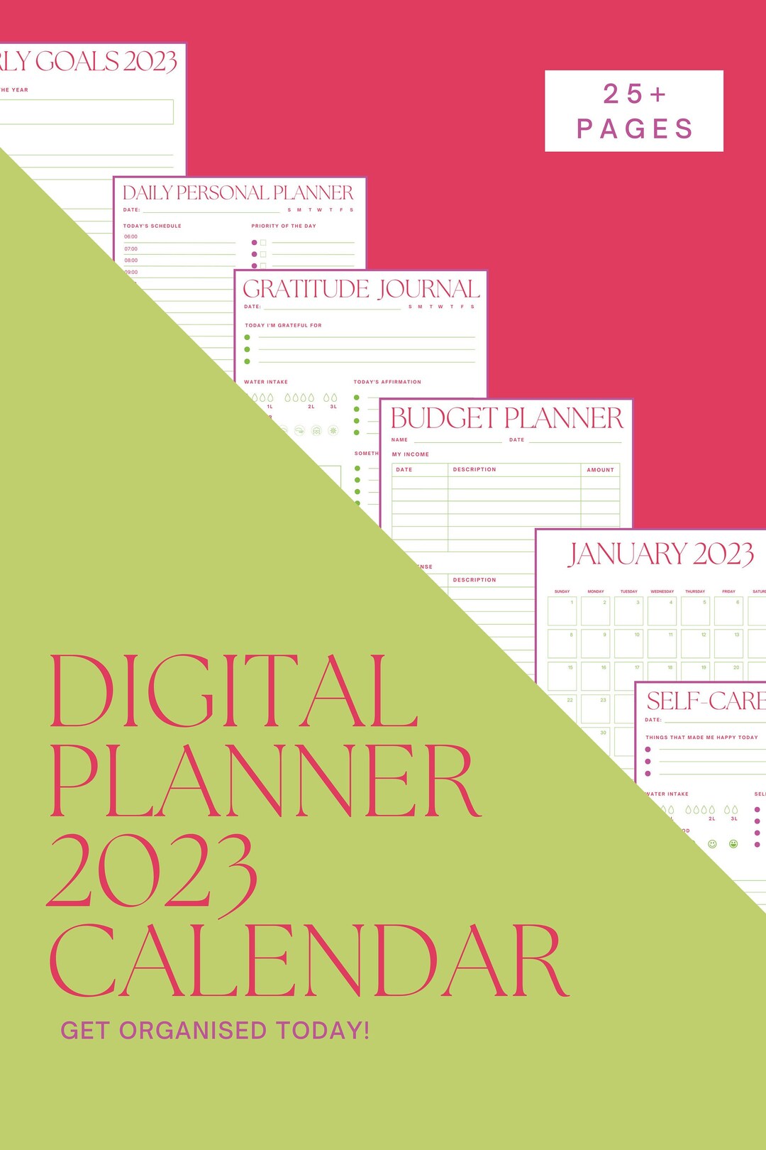 Fun Minimalist Digital Planner 2023 Calendar Pink & Green Printable PDF