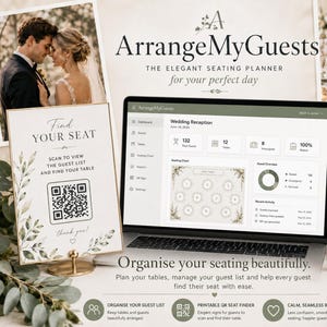 May include: A digital wedding seating planner software titled ArrangeMyGuests displayed on a laptop screen, accompanied by a printed QR code sign and a smartphone showing a guest search interface, all featuring botanical leaf illustrations.