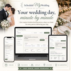 May include: A digital wedding planning software interface displayed on a laptop, tablet, and smartphone. The screen shows the Schedule My Wedding platform with fields for event details, timelines, contacts, and locations in a sage and ivory theme.