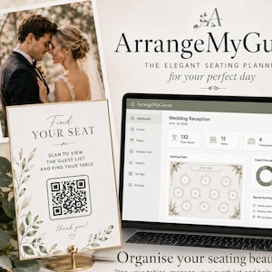 Cartel QR para la distribución de mesas en bodas, planificador de lista de invitados, buscador de mesas (descarga digital)