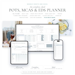May include: A digital health planner for Google Sheets and Excel titled POTS, MCAS & EDS PLANNER. It features a dashboard with daily logs, heart rate, BP, NASA lean test, and symptom tracking displayed on a computer monitor and mobile devices.