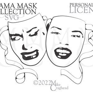 May include: Black and white line art illustration of two theater masks. One mask is a comedy mask with a smiling face and the other is a tragedy mask with a frowning face. The masks are connected by a ribbon.