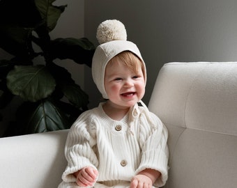 Baby Bonnet, Handmade Cotton Hat, Bonnet with Pom Pom