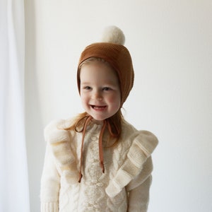 Fall Baby Bonnet, Handmade Cotton Hat, Corduroy Bonnet with Pom Pom