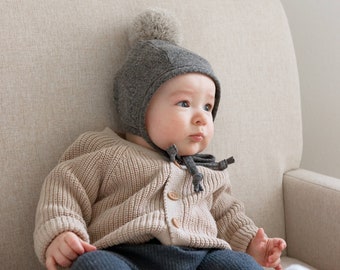 Baby Boy Bonnet, Gray Boy Hat, Handmade Bonnet with Wool Pom Pom