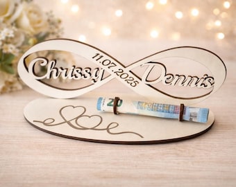 Personalized wedding money gift – wooden infinity symbol with names & date – wedding present