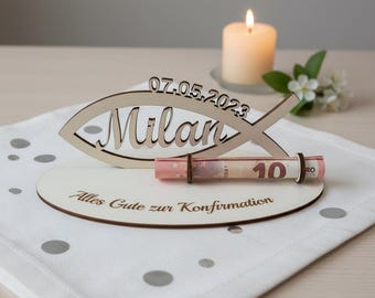 Geldgeschenk Konfirmation aus Holz – Fisch mit Name u. Datum – Personalisiert – Gravur Geschenk aus Pappelholz