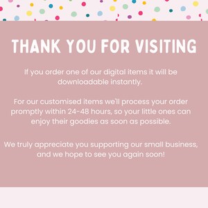 Puede incluir: Un fondo rosa con confeti colorido y un rect&aacute;ngulo rosa con el texto "THANK YOU FOR VISITING". El texto explica que los art&iacute;culos digitales se pueden descargar instant&aacute;neamente.