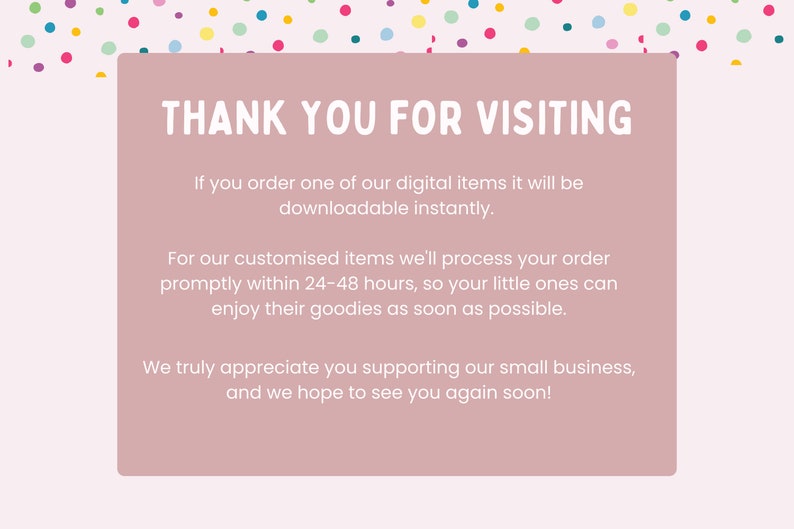 Puede incluir: Un fondo rosa con confeti colorido y un rect&aacute;ngulo rosa con el texto "THANK YOU FOR VISITING". El texto explica que los art&iacute;culos digitales se pueden descargar instant&aacute;neamente.