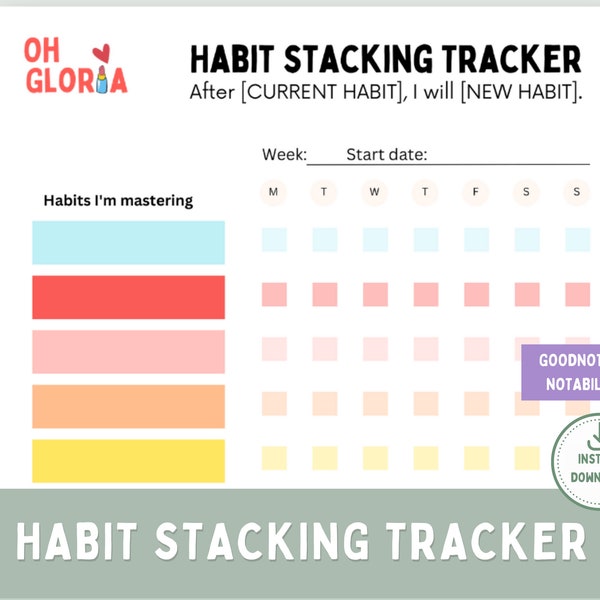 HABIT STACKING TRACKER, Habit Tracker, Minimalistic Habit stacking tracker, daily habit tracker,  Goodnotes planner, notability planner
