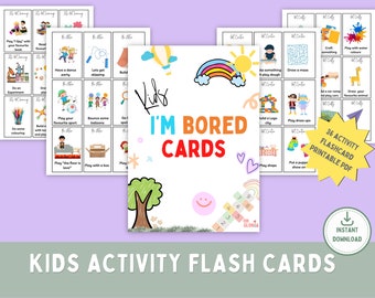 Puede incluir: Una descarga PDF imprimible de 36 tarjetas flash de actividades para niños. Las tarjetas presentan ilustraciones coloridas y el texto "Kids I'm Bored Cards".