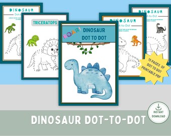 Puede incluir: Un conjunto de 15 páginas imprimibles de actividad de puntos a unir con temática de dinosaurios. Las páginas presentan diferentes dinosaurios, incluyendo un triceratops, un estegosaurio y un braquiosaurio. Las páginas están diseñadas para que los niños puedan conectar los puntos y crear los dinosaurios. Las páginas están en blanco y negro y están listas para ser impresas y coloreadas.