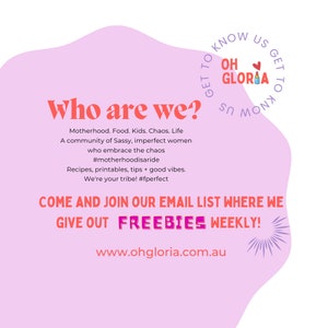 Puede incluir: Un gr&aacute;fico rosa y morado con el texto "Who are we?" y "Oh Gloria" en un dise&ntilde;o circular. El texto describe una comunidad de mujeres, que ofrece recetas, imprimibles y buenas vibraciones. Tambi&eacute;n promociona obsequios semanales.