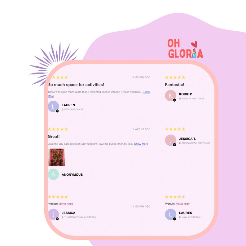 Puede incluir: Un gr&aacute;fico rosa claro con rese&ntilde;as de clientes. Las rese&ntilde;as se muestran en un rect&aacute;ngulo blanco redondeado con un borde rosa. Las rese&ntilde;as incluyen nombres de clientes, ubicaciones y calificaciones por estrellas. La esquina superior derecha tiene el texto "OH GLORIA" en rosa.