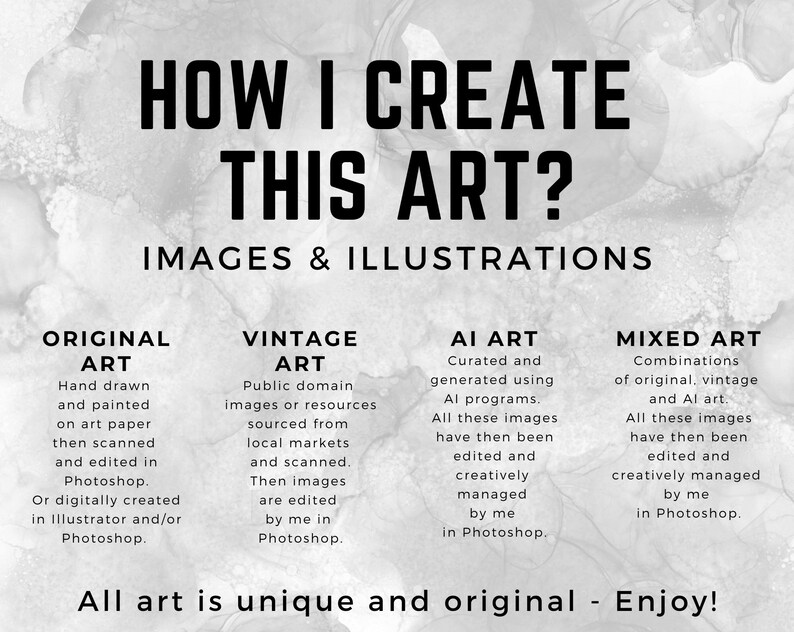 May include: A black and white image with the text "HOW I CREATE THIS ART? IMAGES & ILLUSTRATIONS" at the top. The image is divided into four sections, each with a title and description. The titles are "ORIGINAL ART", "VINTAGE ART", "AI ART", and "MIXED ART". The descriptions explain how the artist creates each type of art. At the bottom of the image is the text "All art is unique and original - Enjoy!"