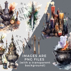 May include: A watercolor illustration of a collection of magical items, including a mortar and pestle, candles, a cauldron, a sword, and various other tools. The items are painted in a dark and mysterious style, with a focus on detail and texture.