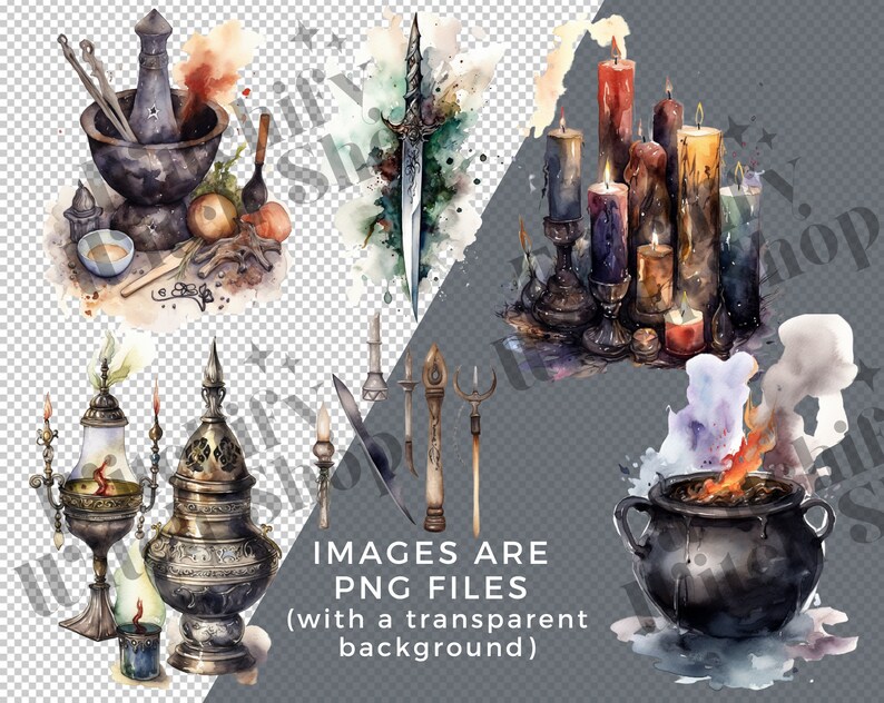 May include: A watercolor illustration of a collection of magical items, including a mortar and pestle, candles, a cauldron, a sword, and various other tools. The items are painted in a dark and mysterious style, with a focus on detail and texture.