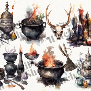 May include: A collection of vintage-style, silver and black metal incense burners, cauldrons, and other witchy items. The items are surrounded by flames and smoke, creating a magical and mystical atmosphere.