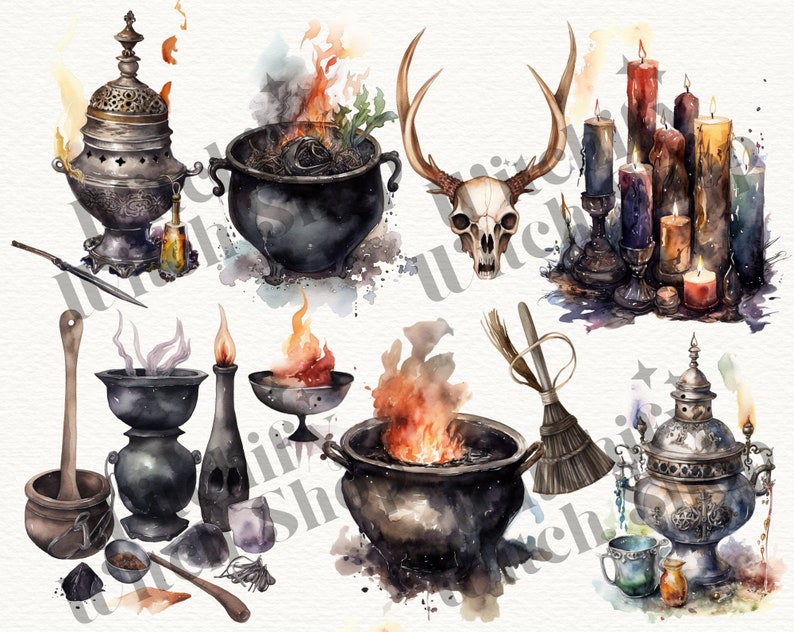 May include: A collection of vintage-style, silver and black metal incense burners, cauldrons, and other witchy items. The items are surrounded by flames and smoke, creating a magical and mystical atmosphere.