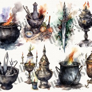 May include: A watercolor illustration of various vintage apothecary items, including a mortar and pestle, a cauldron, a censer, and a dagger. The items are painted in shades of gray, brown, and gold, with accents of red and orange.