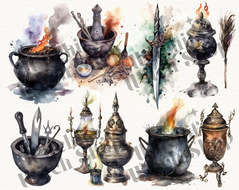 May include: A watercolor illustration of various vintage apothecary items, including a mortar and pestle, a cauldron, a censer, and a dagger. The items are painted in shades of gray, brown, and gold, with accents of red and orange.