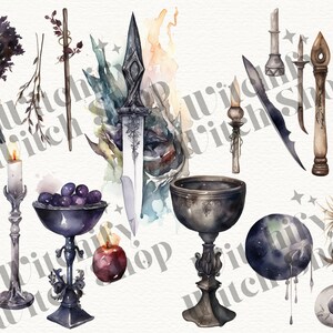 May include: Watercolor illustration of various witchy items, including a knife, a chalice, a candle, a broom, a staff, a moon, a cauldron, and a bunch of herbs.