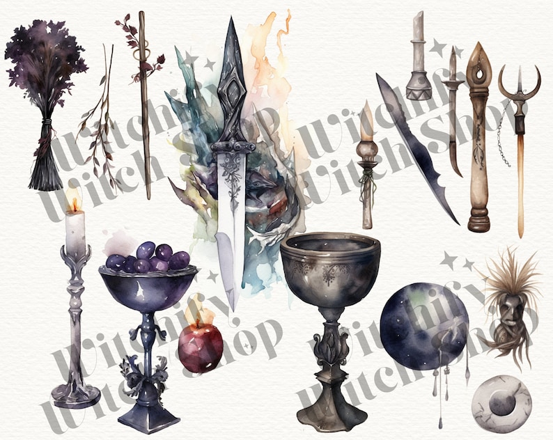May include: Watercolor illustration of various witchy items, including a knife, a chalice, a candle, a broom, a staff, a moon, a cauldron, and a bunch of herbs.