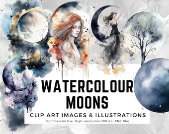 The Moon - Watercolor Moons, Goddesses & Lunar Cycles Bundle - 40 clipart watercolour art... PNG instant download for commercial use