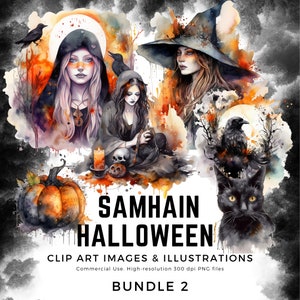 Witches&#39; Sabbat Samhain - Halloween - Watercolor Art - Bundle 2 - Clipart, Images & Watercolour Paint Swatches PNG format instant download