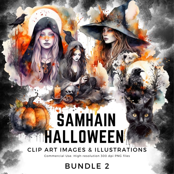 Witches' Sabbat Samhain - Halloween - Watercolor Art - Bundle 2 - Clipart, Images & Watercolour Paint Swatches PNG format instant download