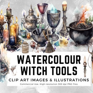 May include: Watercolor illustrations of witch tools, including candles, a cauldron, a goblet, a mortar and pestle, a broom, and a dagger. The image is labeled "Watercolor Witch Tools" and "Clip Art Images & Illustrations".