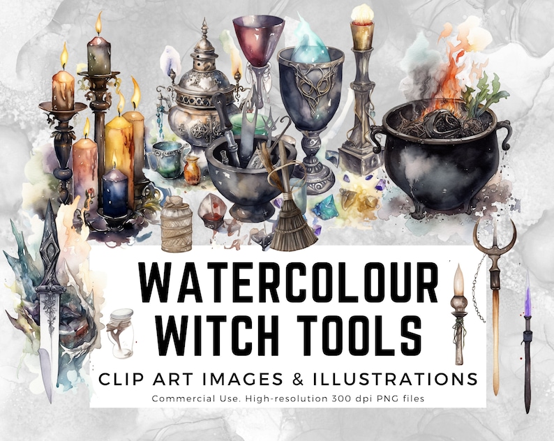 May include: Watercolor illustrations of witch tools, including candles, a cauldron, a goblet, a mortar and pestle, a broom, and a dagger. The image is labeled "Watercolor Witch Tools" and "Clip Art Images & Illustrations".